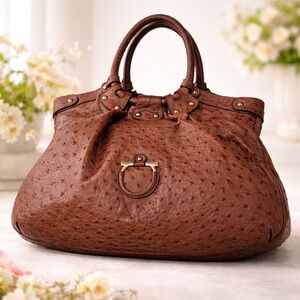 Rare Salvatore Ferragamo Gancini Celtico Ostrich Leather brown Handbag Satchel